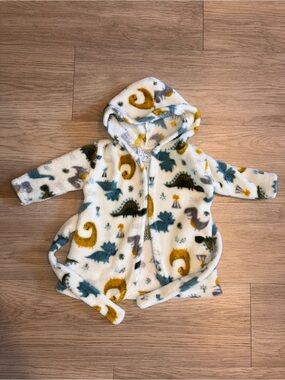 Little Joy Cozy Baby Hooded Fleece Robe with Dino Print - White/Mustard/Teal